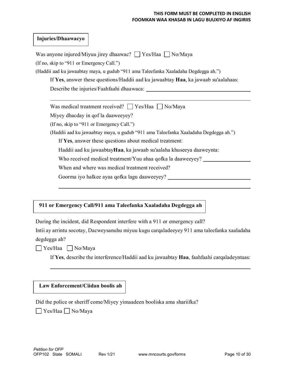 Form OFP102 Petition for Order for Protection (Ofp) - Minnesota (English / Somali), Page 10