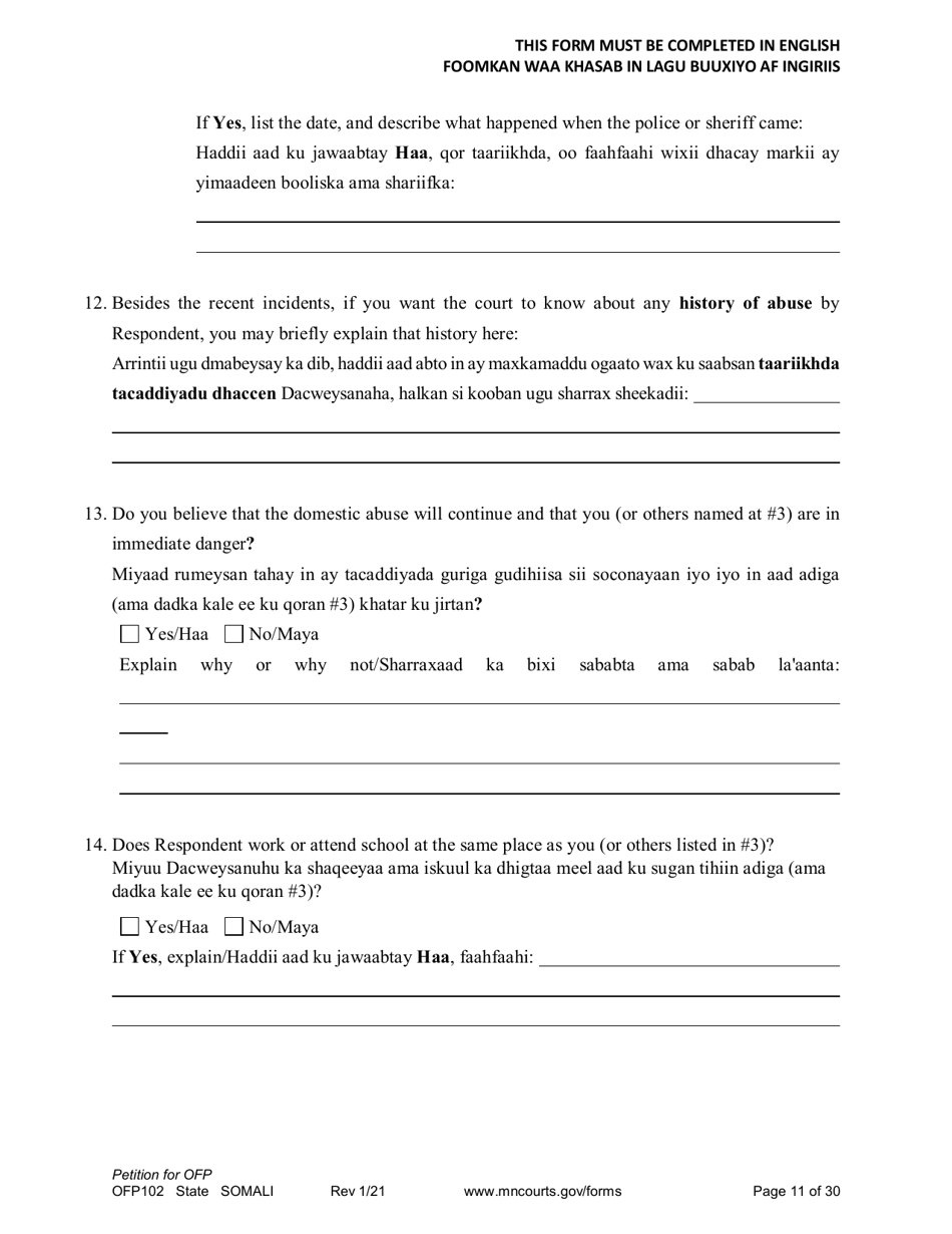 Form OFP102 Petition for Order for Protection (Ofp) - Minnesota (English / Somali), Page 11