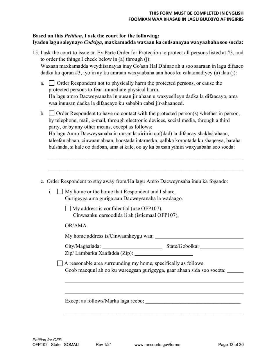Form OFP102 Petition for Order for Protection (Ofp) - Minnesota (English / Somali), Page 13