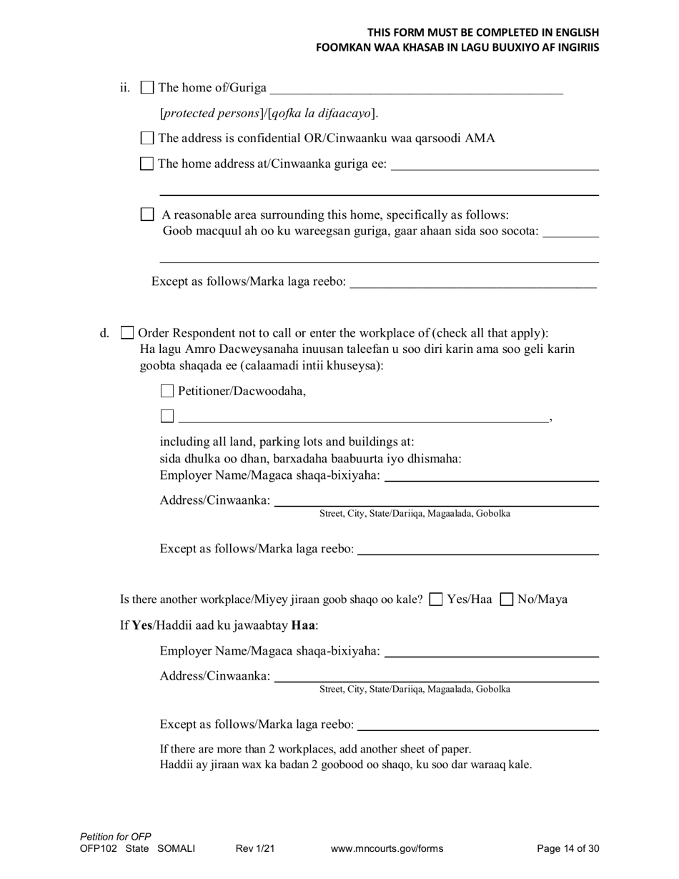 Form OFP102 Petition for Order for Protection (Ofp) - Minnesota (English / Somali), Page 14