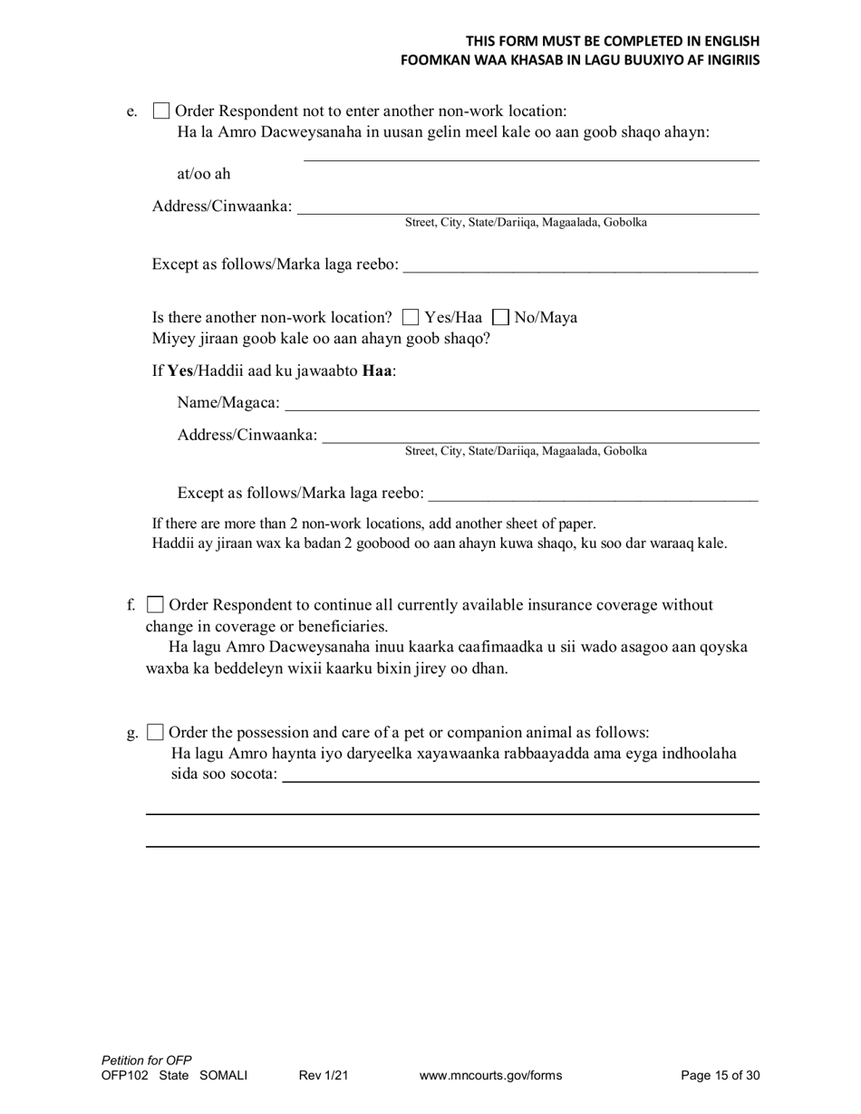 Form OFP102 Petition for Order for Protection (Ofp) - Minnesota (English / Somali), Page 15