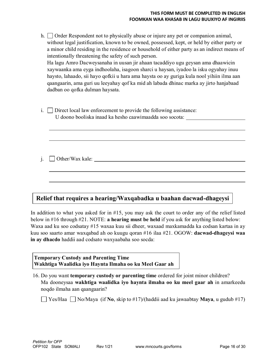 Form OFP102 Petition for Order for Protection (Ofp) - Minnesota (English / Somali), Page 16