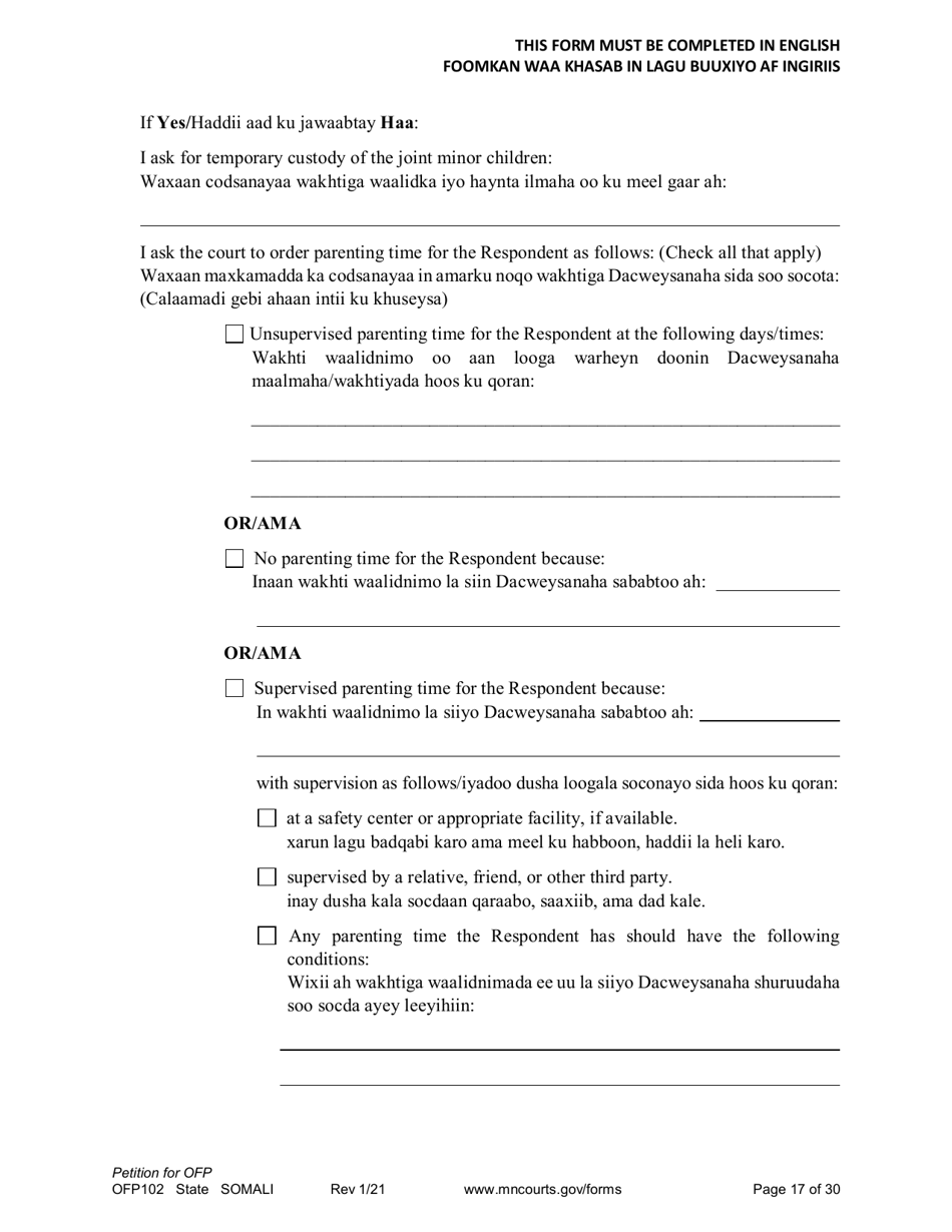 Form OFP102 Petition for Order for Protection (Ofp) - Minnesota (English / Somali), Page 17