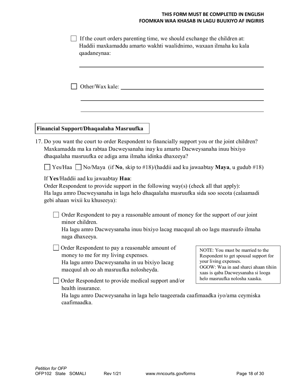 Form OFP102 Petition for Order for Protection (Ofp) - Minnesota (English / Somali), Page 18