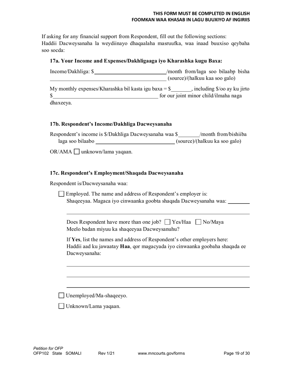 Form OFP102 Petition for Order for Protection (Ofp) - Minnesota (English / Somali), Page 19