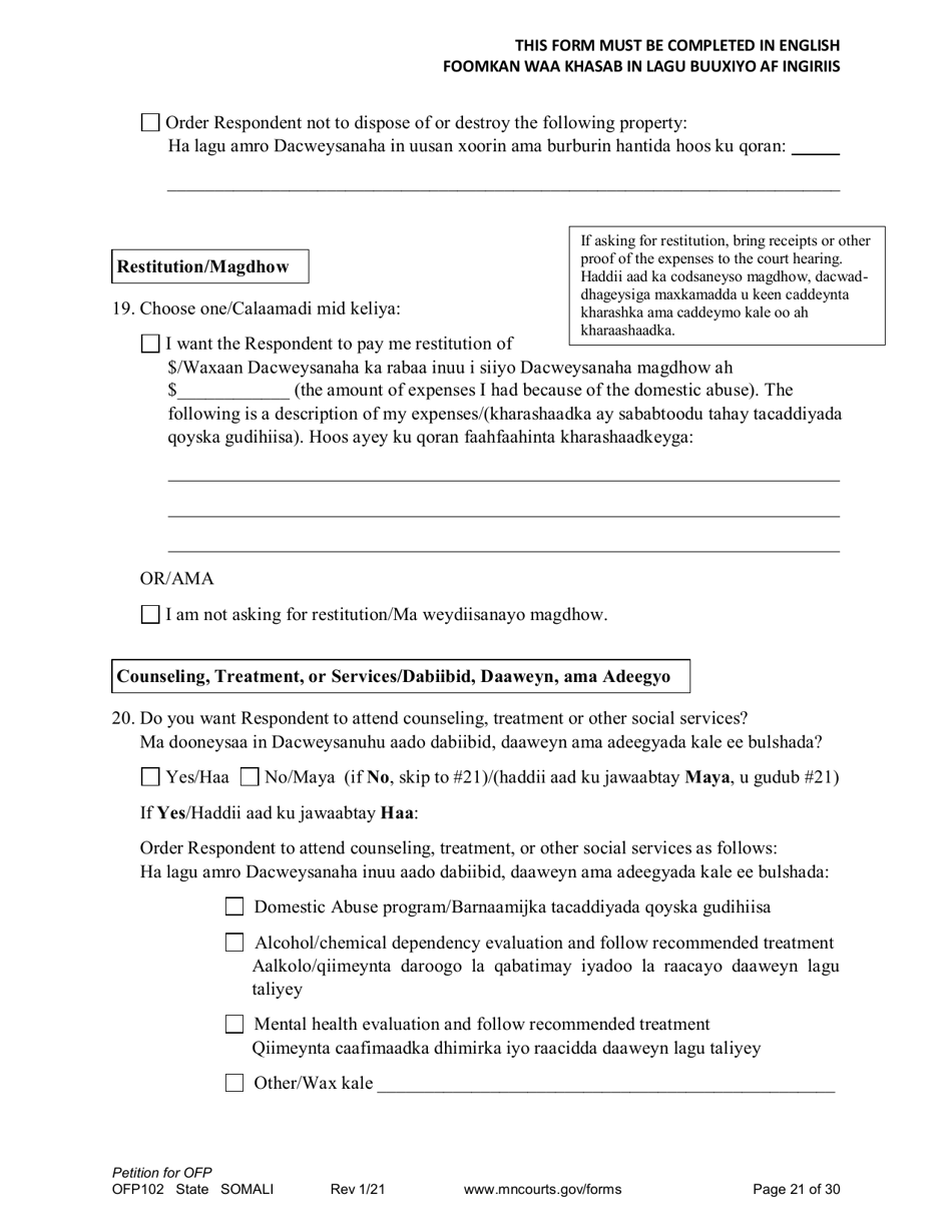 Form OFP102 Petition for Order for Protection (Ofp) - Minnesota (English / Somali), Page 21