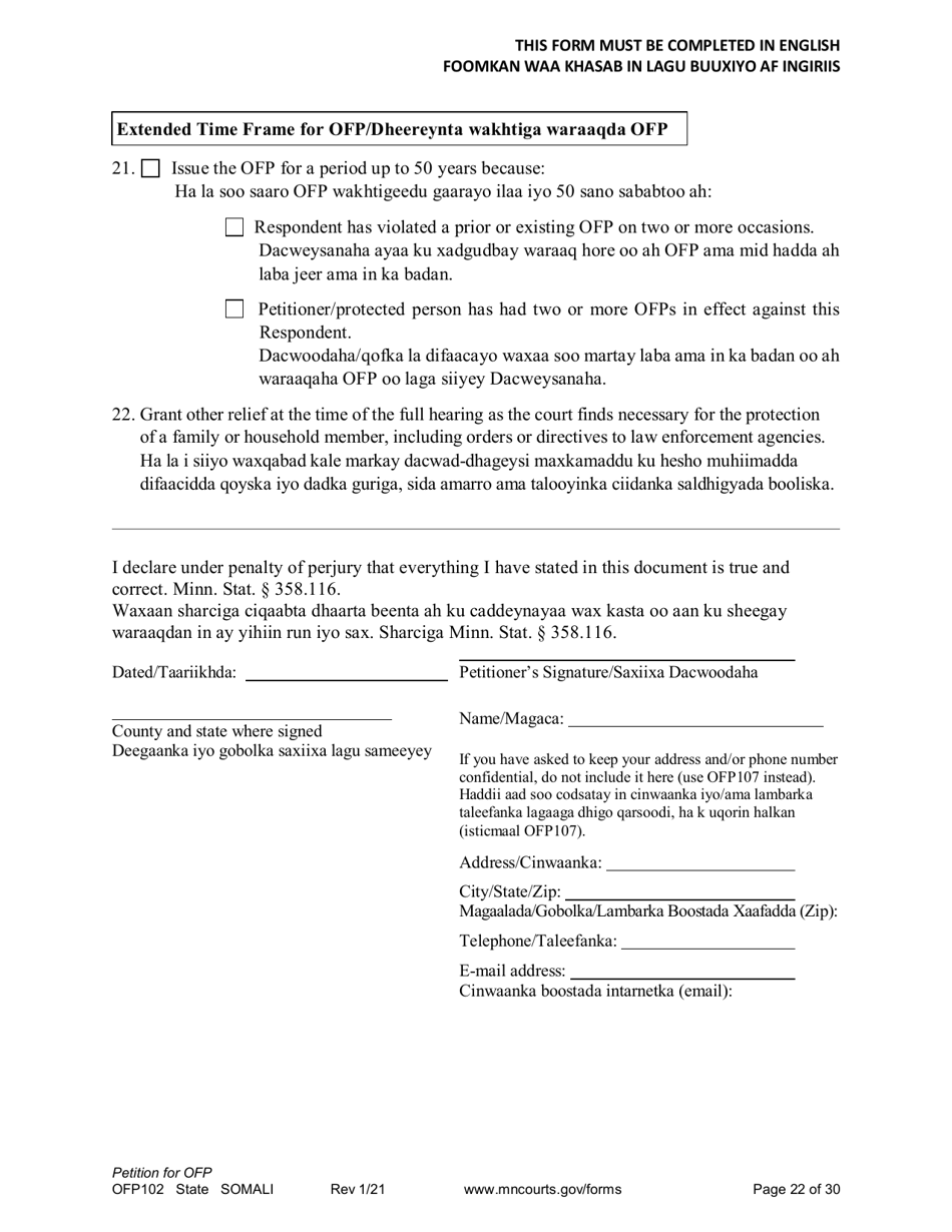 Form OFP102 Petition for Order for Protection (Ofp) - Minnesota (English / Somali), Page 22