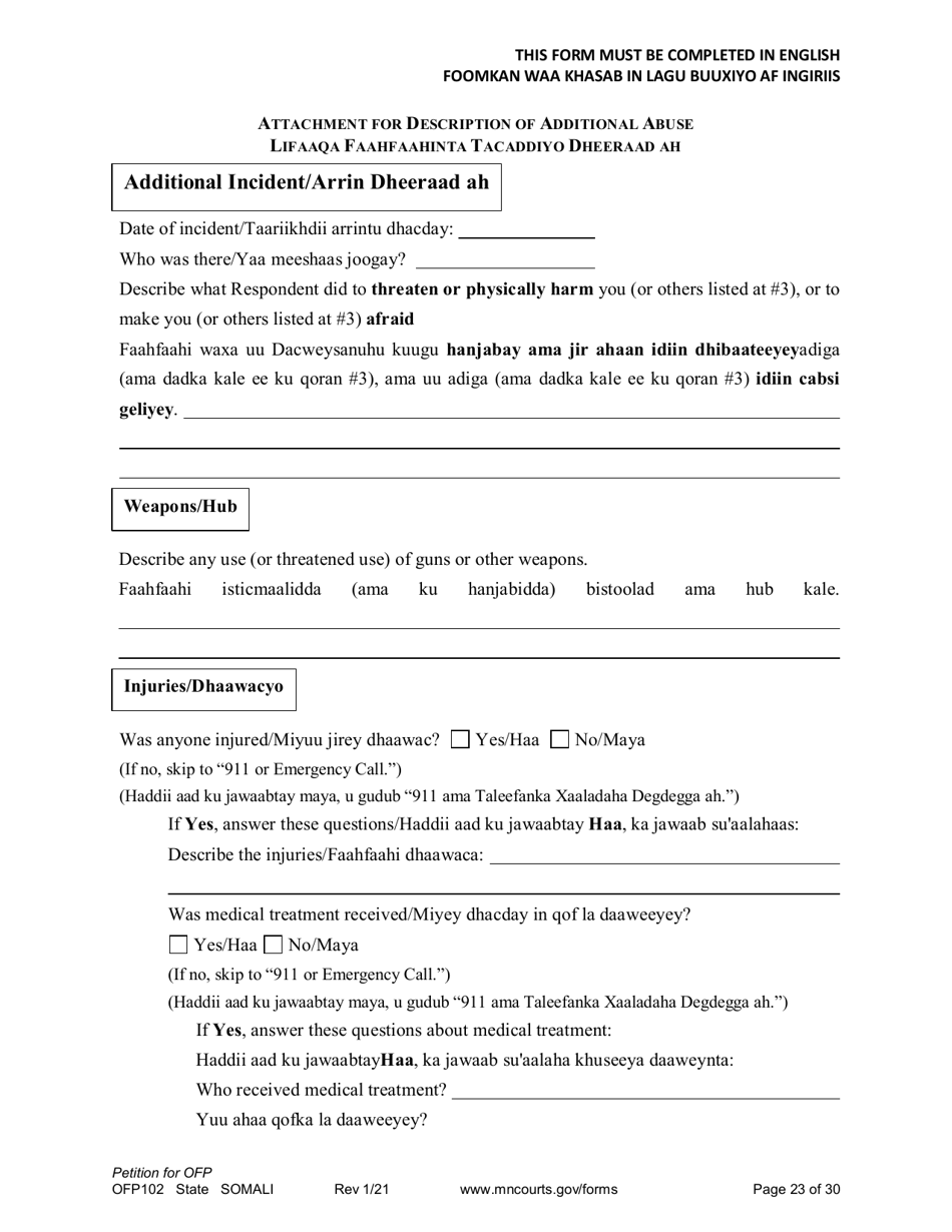 Form OFP102 Petition for Order for Protection (Ofp) - Minnesota (English / Somali), Page 23