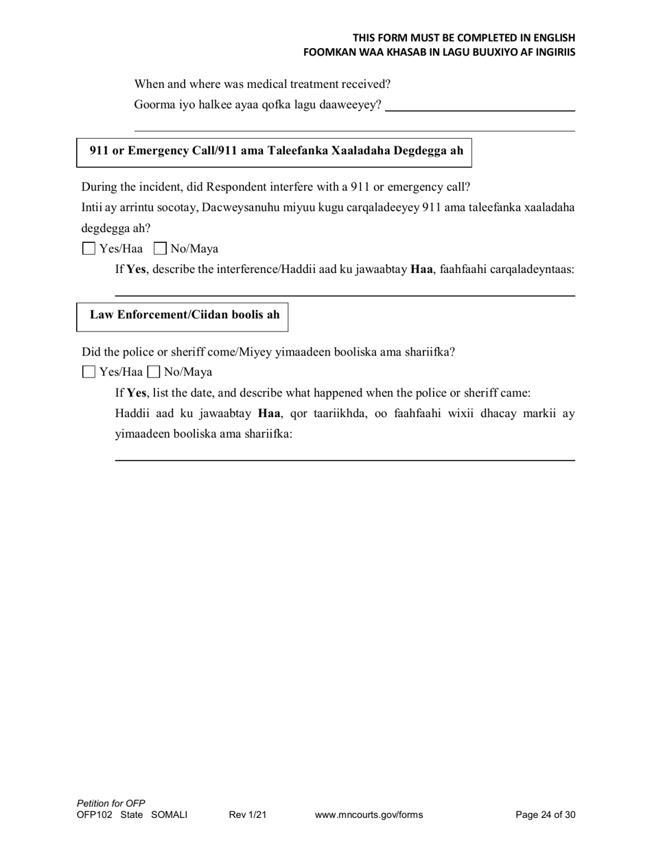 Form OFP102 Petition for Order for Protection (Ofp) - Minnesota (English / Somali), Page 24
