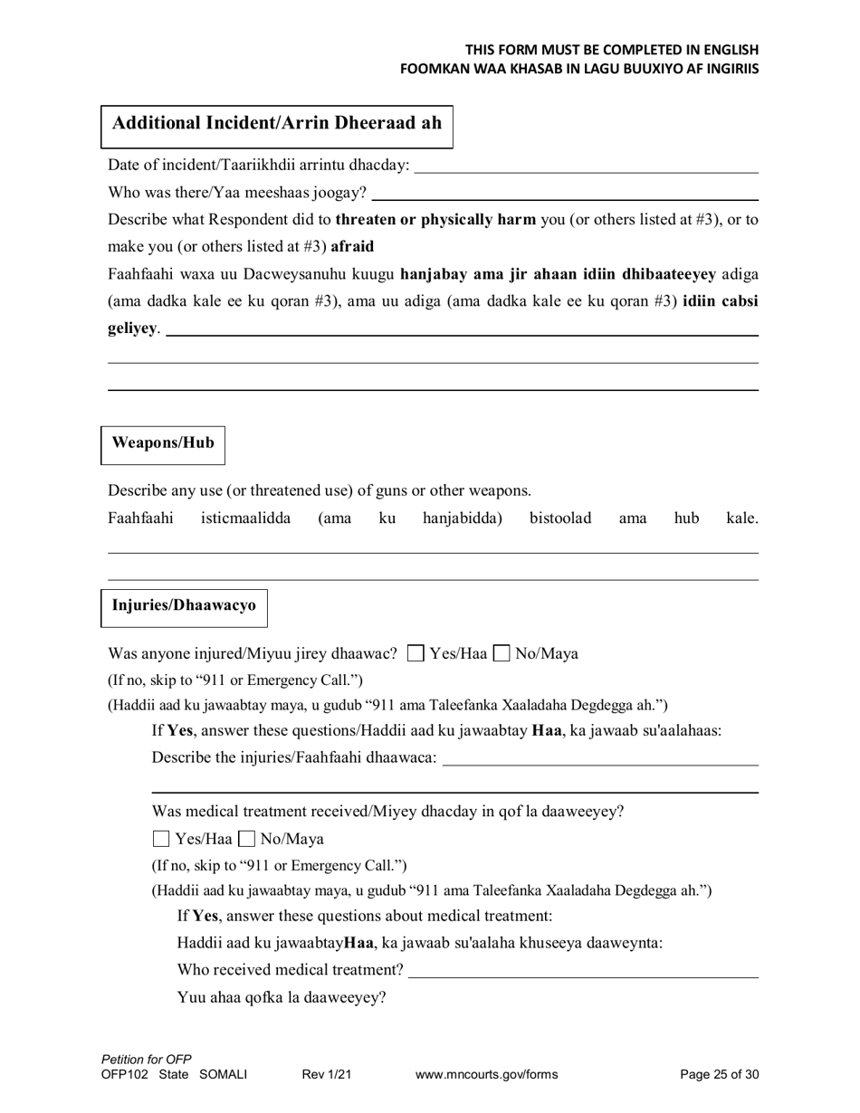 Form OFP102 Petition for Order for Protection (Ofp) - Minnesota (English / Somali), Page 25
