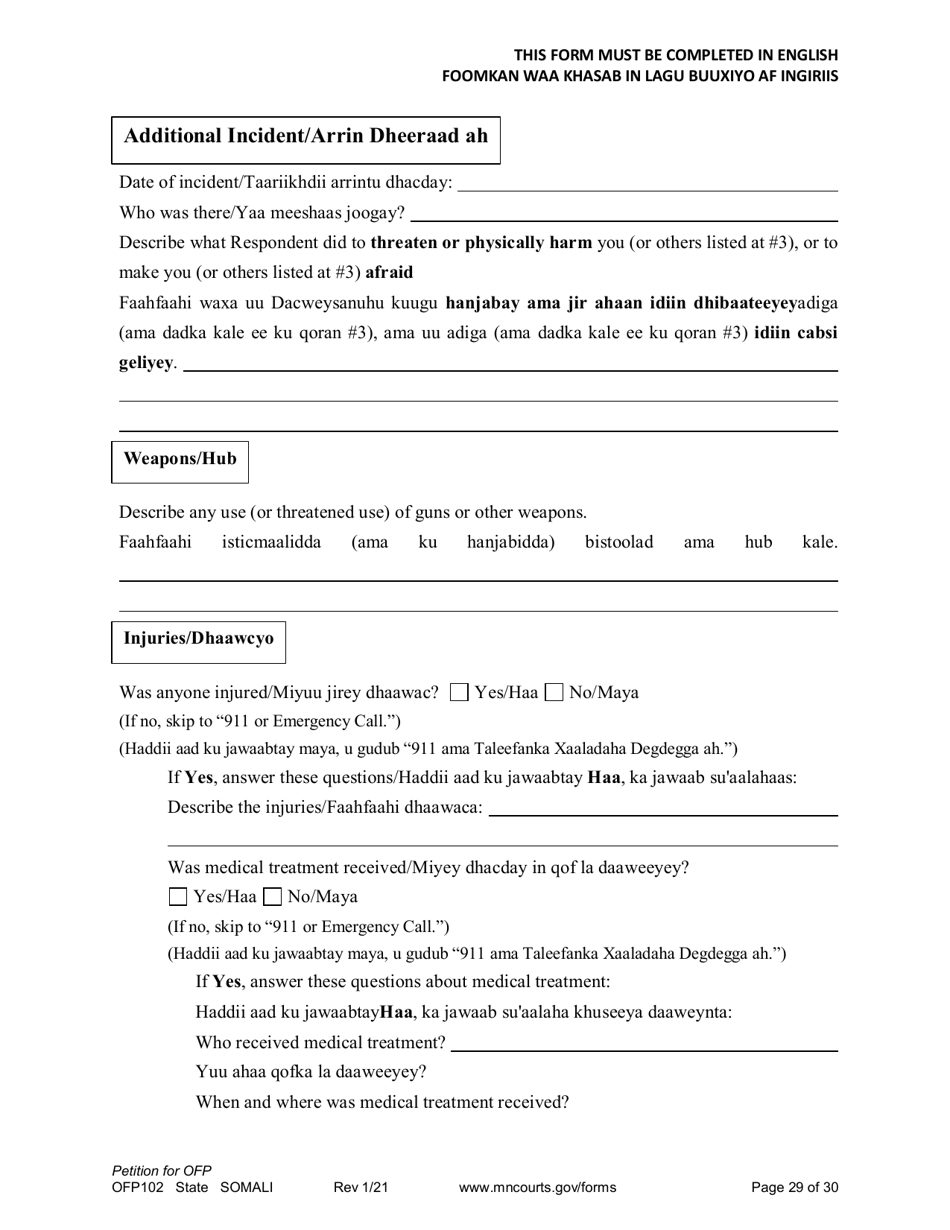Form OFP102 Petition for Order for Protection (Ofp) - Minnesota (English / Somali), Page 29