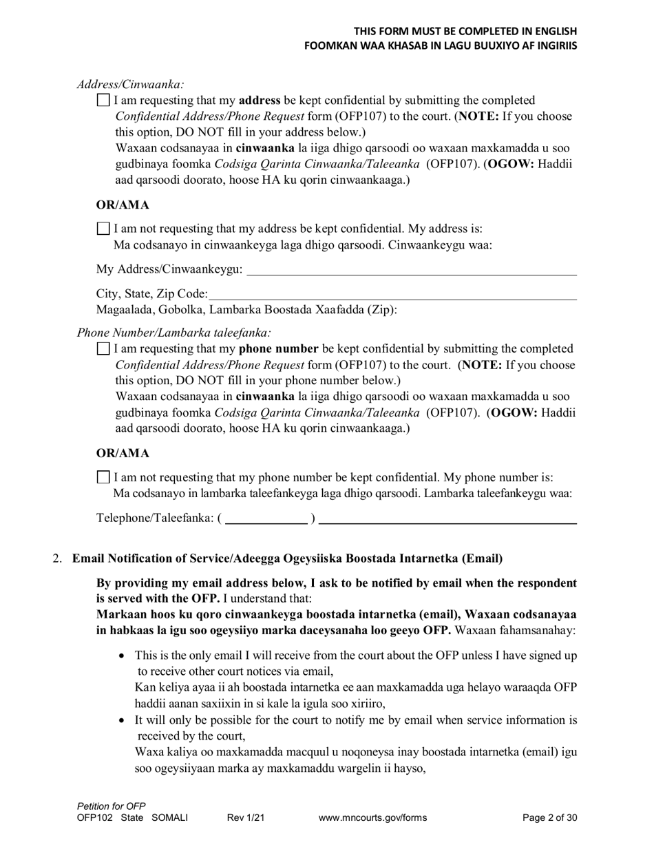 Form OFP102 Petition for Order for Protection (Ofp) - Minnesota (English / Somali), Page 2