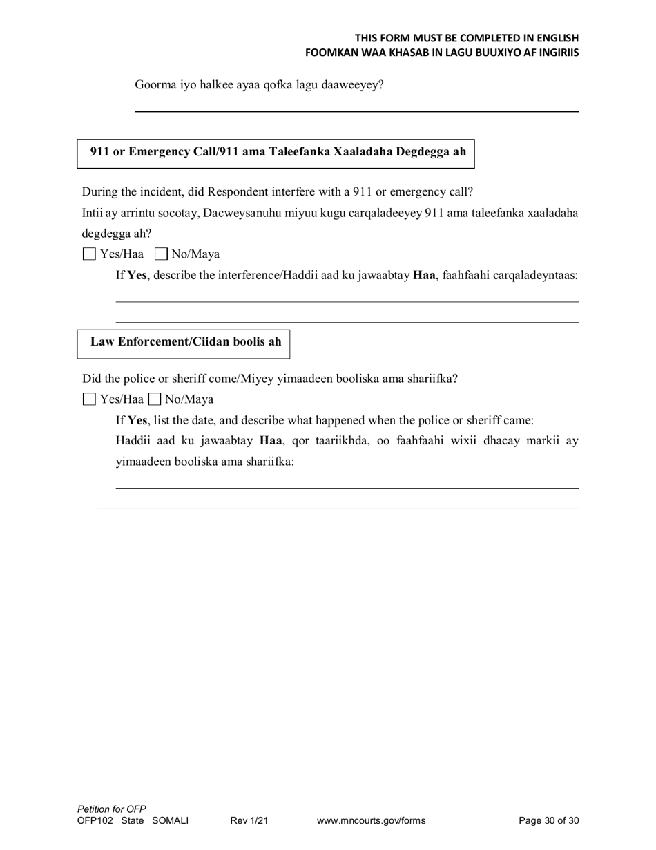 Form OFP102 Petition for Order for Protection (Ofp) - Minnesota (English / Somali), Page 30