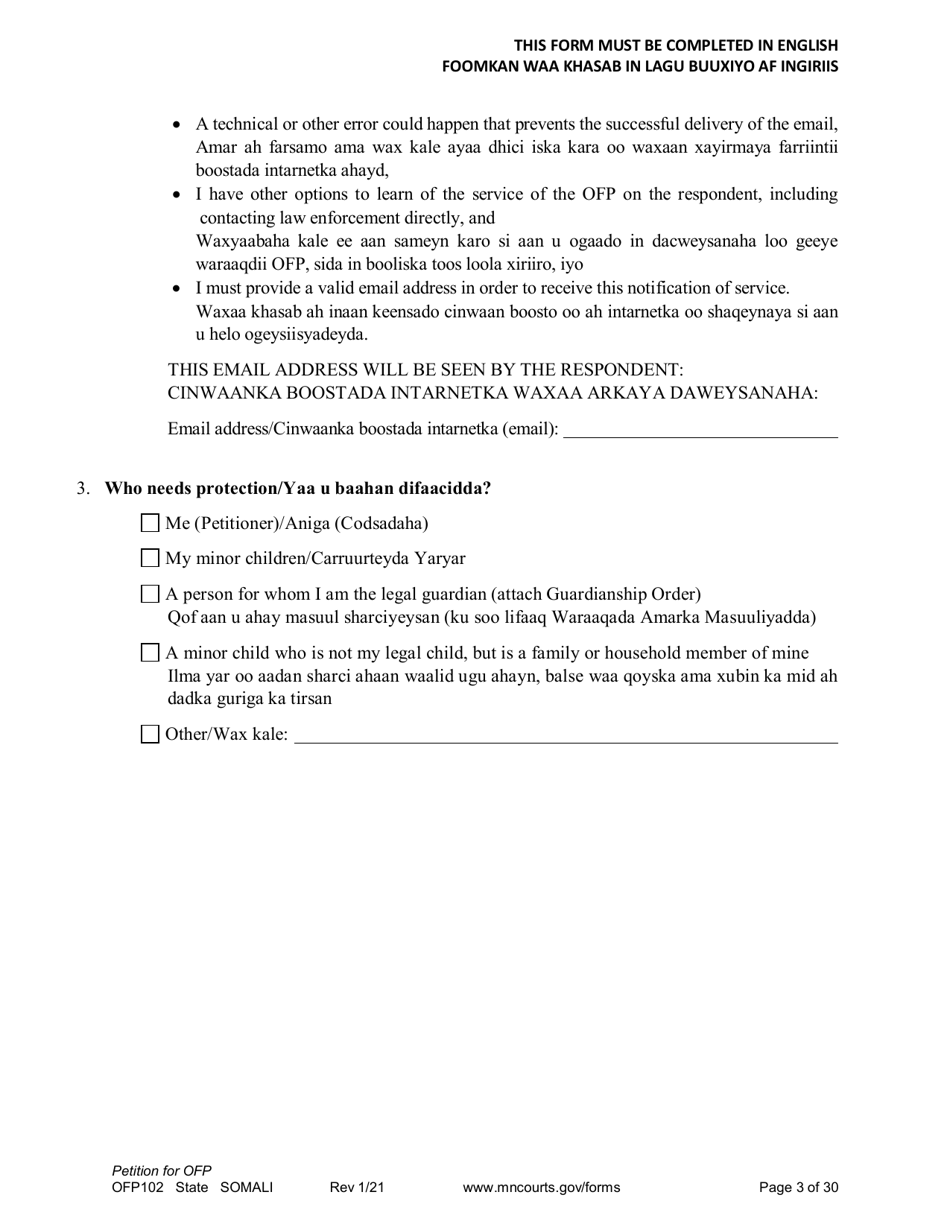 Form OFP102 Petition for Order for Protection (Ofp) - Minnesota (English / Somali), Page 3