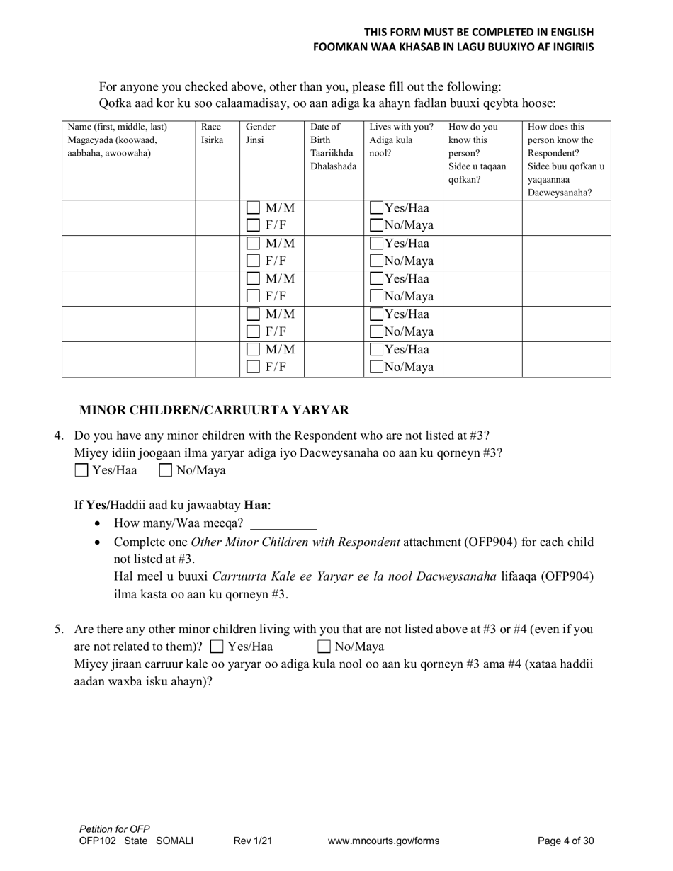 Form OFP102 Petition for Order for Protection (Ofp) - Minnesota (English / Somali), Page 4