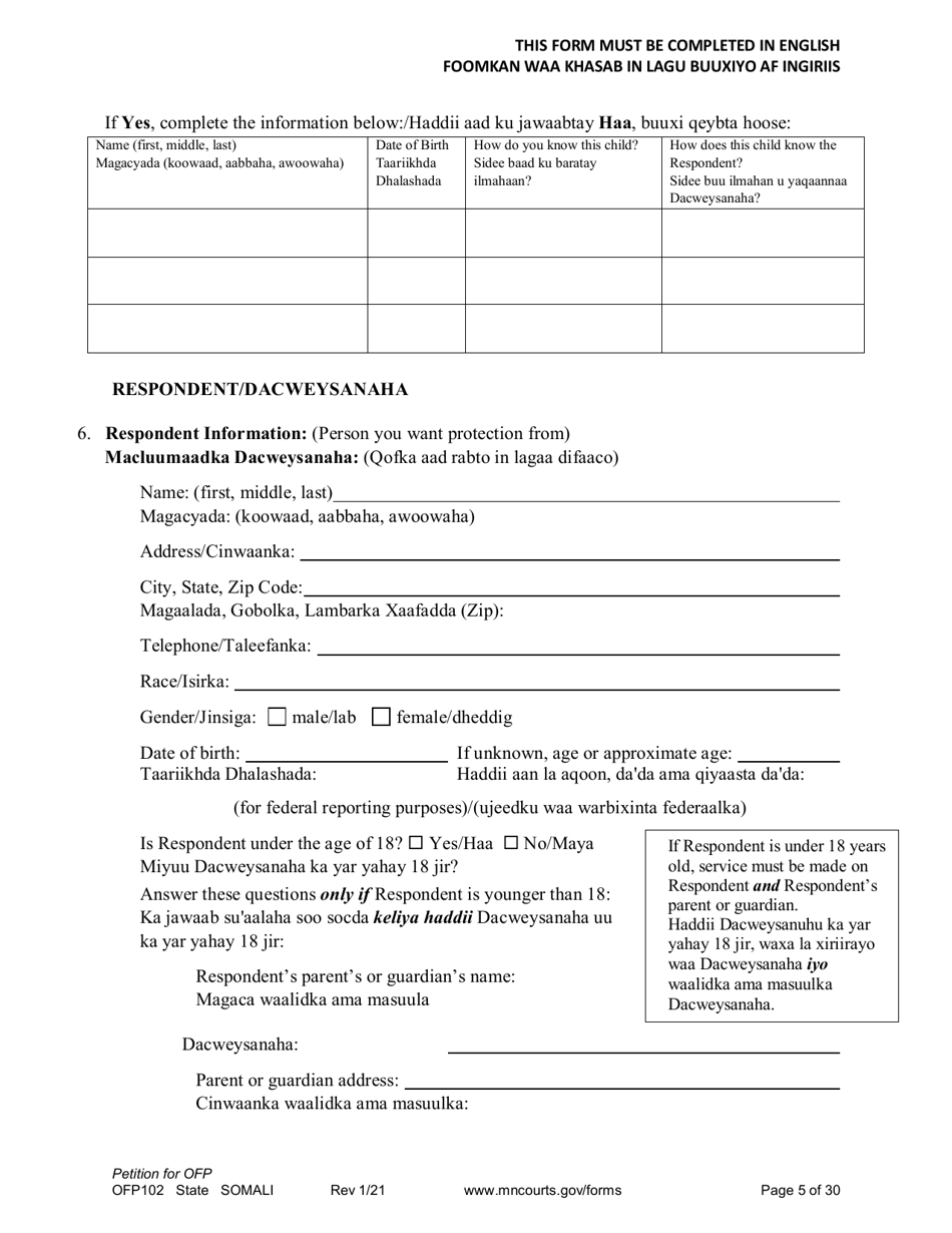 Form OFP102 Petition for Order for Protection (Ofp) - Minnesota (English / Somali), Page 5