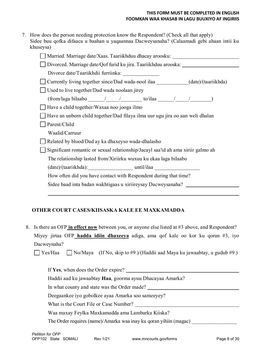 Form OFP102 Petition for Order for Protection (Ofp) - Minnesota (English / Somali), Page 6
