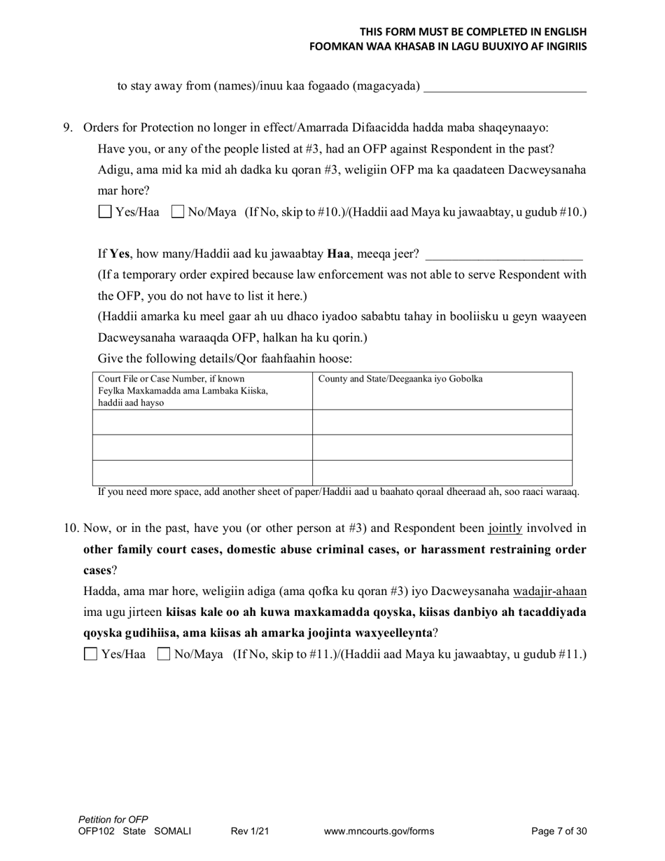 Form OFP102 Petition for Order for Protection (Ofp) - Minnesota (English / Somali), Page 7