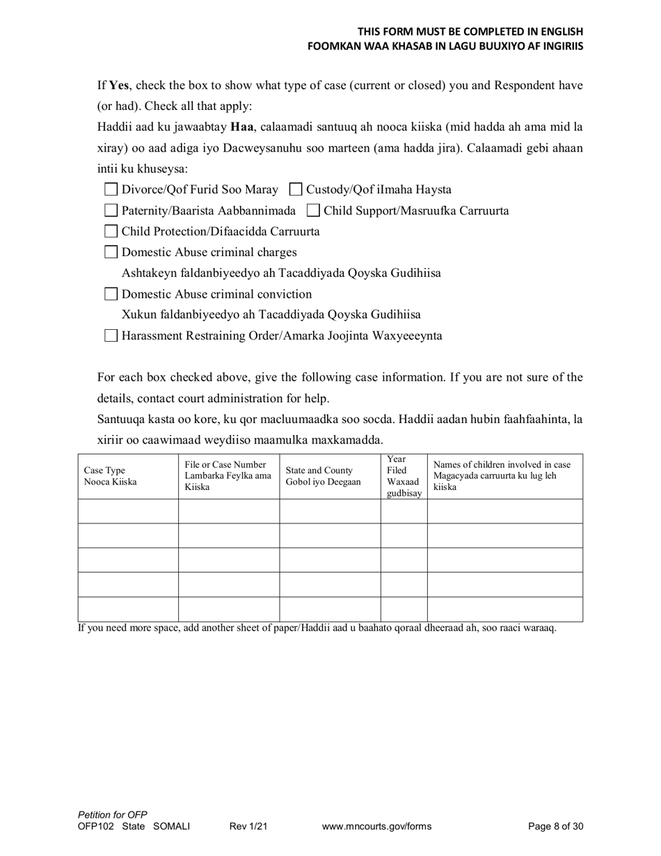 Form OFP102 Petition for Order for Protection (Ofp) - Minnesota (English / Somali), Page 8