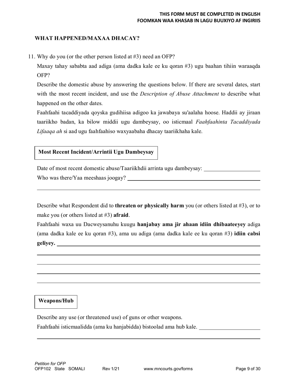 Form OFP102 Petition for Order for Protection (Ofp) - Minnesota (English / Somali), Page 9