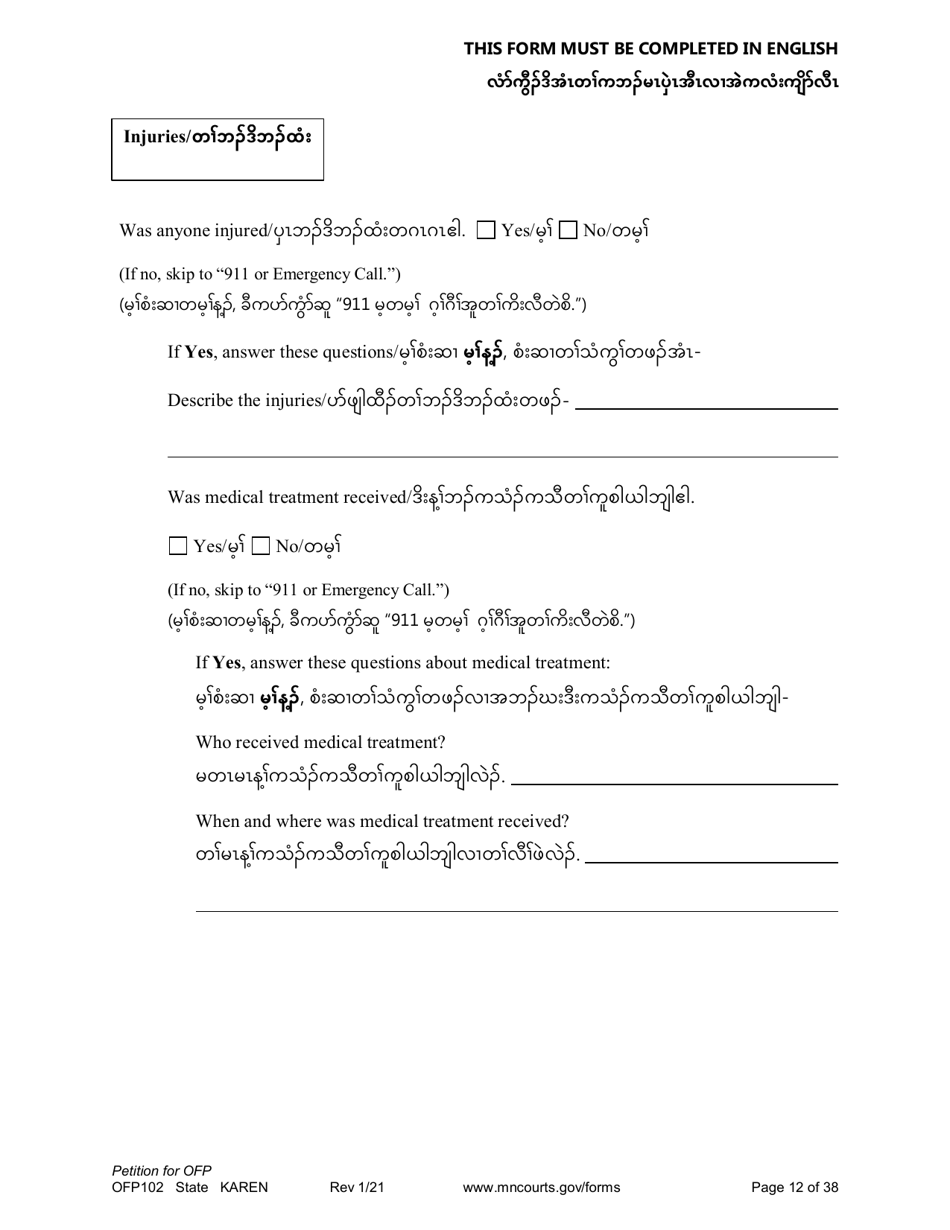 Form OFP102 Petition for Order for Protection (Ofp) - Minnesota (English / Karen), Page 12