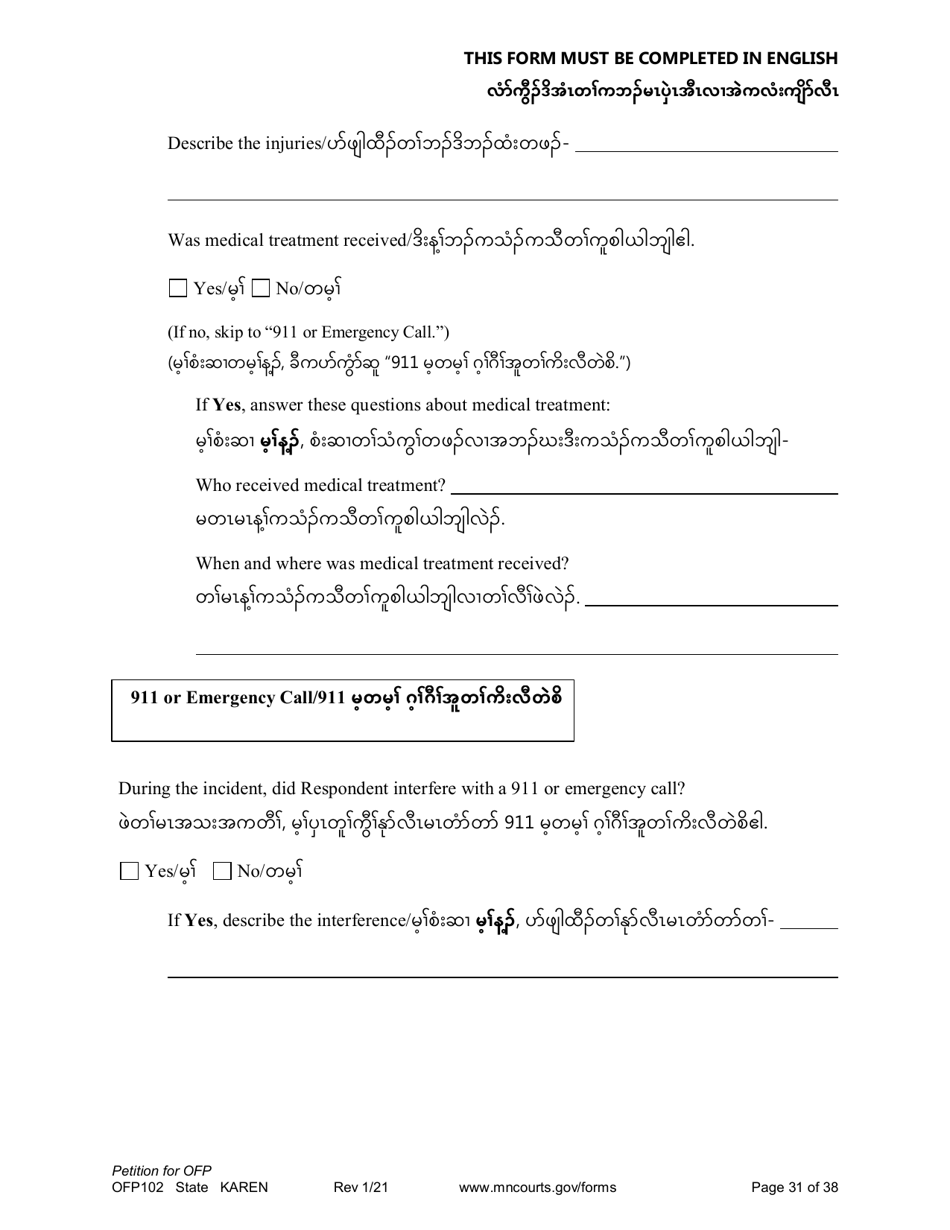 Form OFP102 Petition for Order for Protection (Ofp) - Minnesota (English / Karen), Page 31
