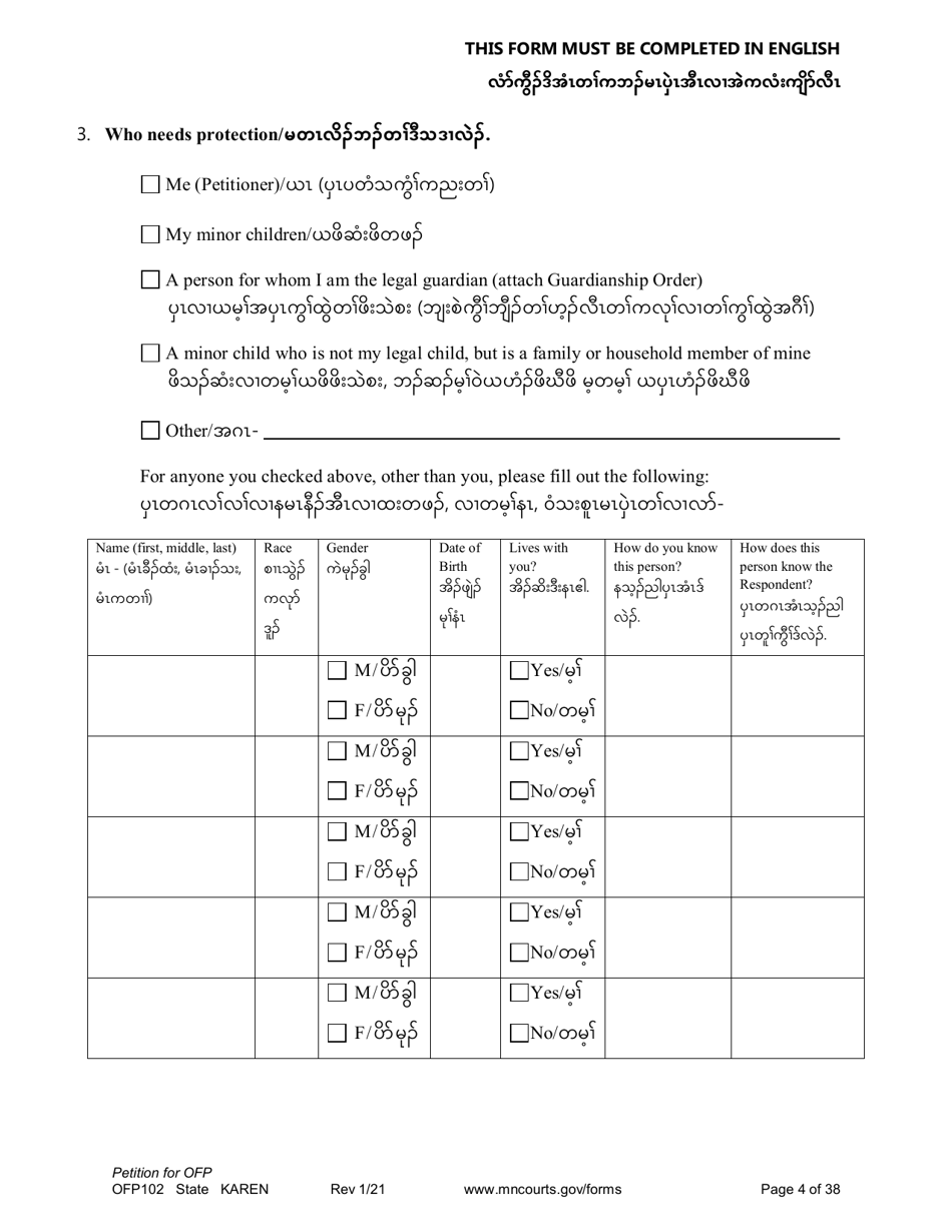 Form OFP102 Petition for Order for Protection (Ofp) - Minnesota (English / Karen), Page 4