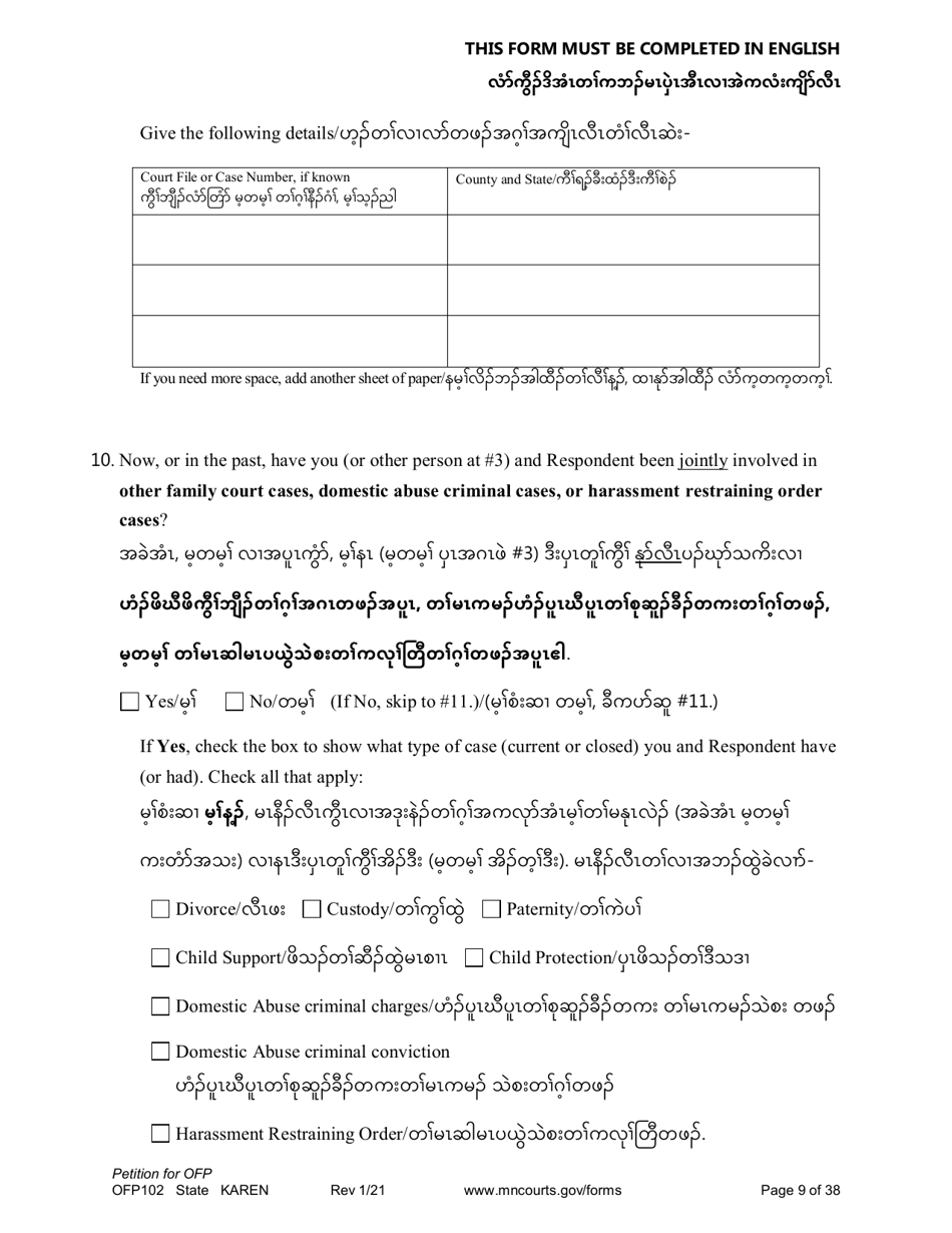 Form OFP102 Petition for Order for Protection (Ofp) - Minnesota (English / Karen), Page 9