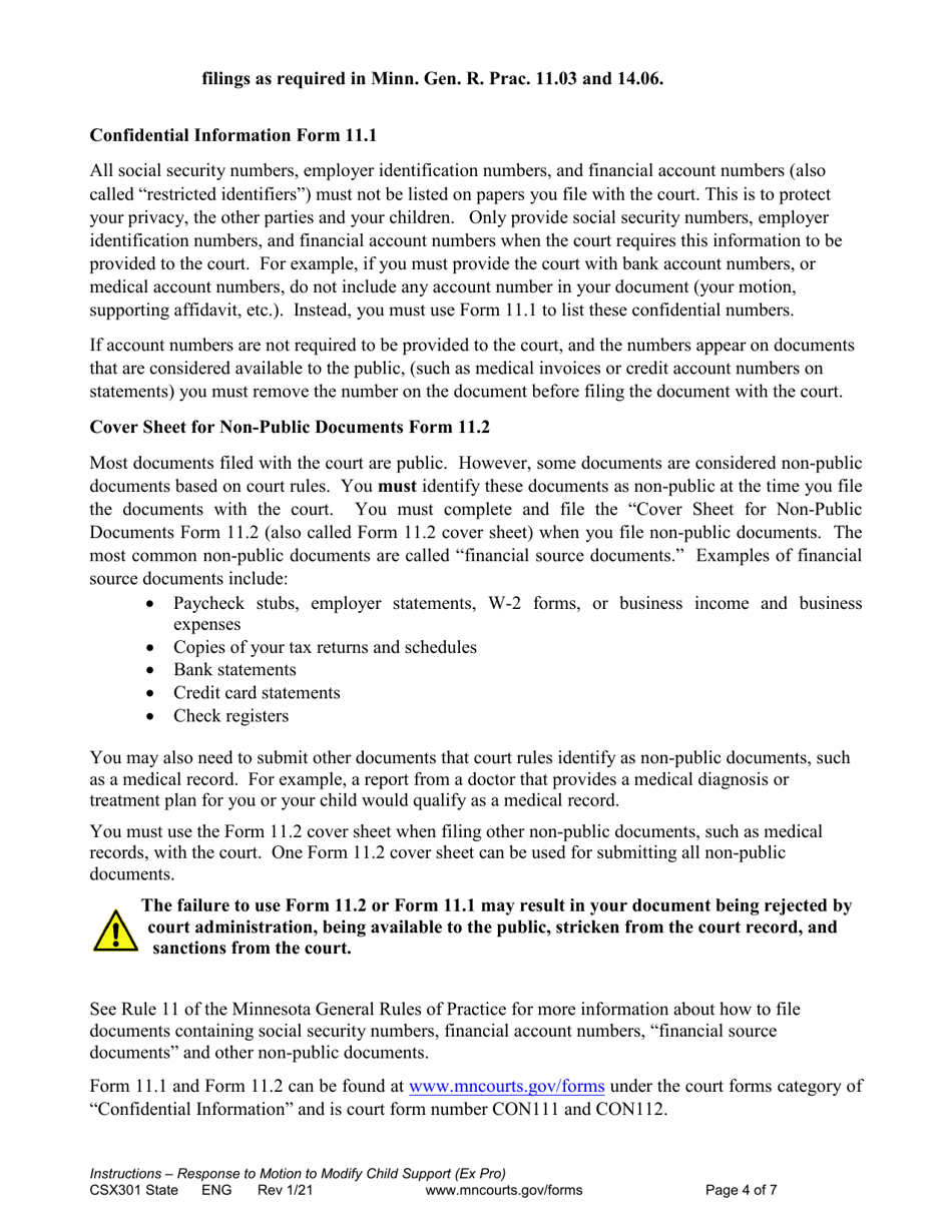Instructions for Form CSX302 Response to Motion to Modify Support - Minnesota, Page 4