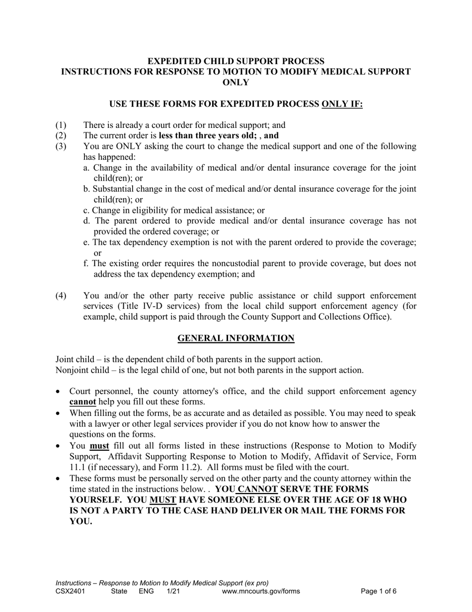 Instructions for Form CSX2402 Responsive Motion to Modify Medical Support Only (Expedited Process) - Minnesota, Page 1