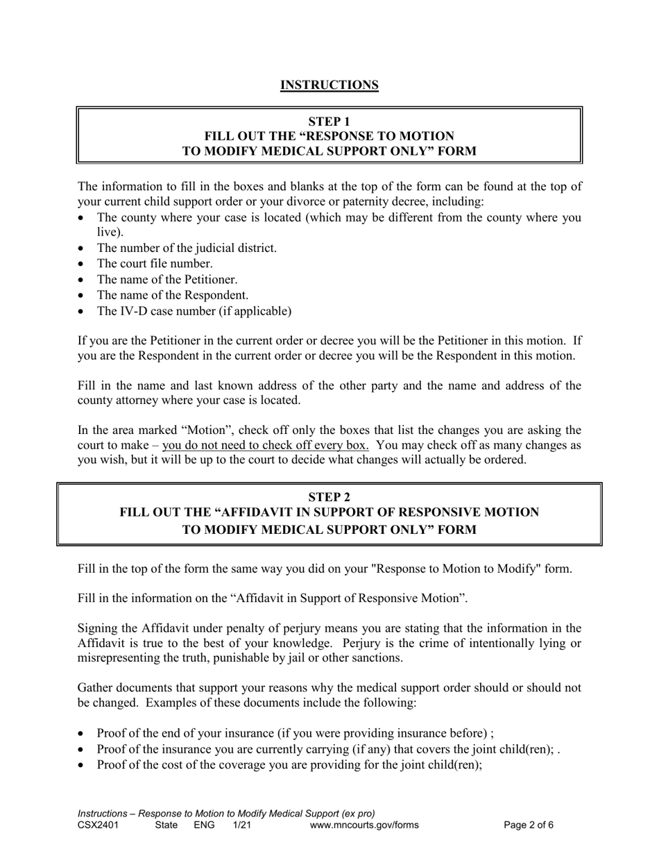 Instructions for Form CSX2402 Responsive Motion to Modify Medical Support Only (Expedited Process) - Minnesota, Page 2