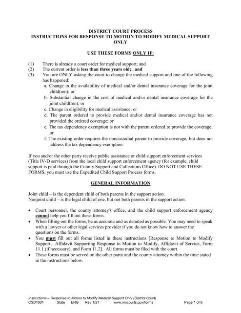 Form CSD1001 Instructions for Response to Motion to Modify Medical Support Only - Minnesota