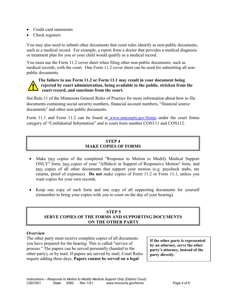 Form CSD1001 Instructions for Response to Motion to Modify Medical Support Only - Minnesota, Page 4