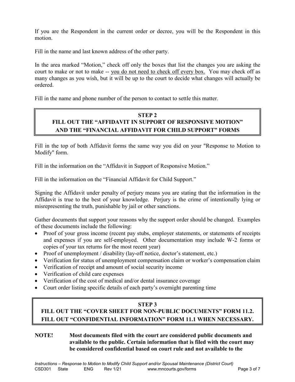 Form CSD301 Instructions for Response to Motion to Modify Child Support and / or Spousal Maintenance - Minnesota, Page 3