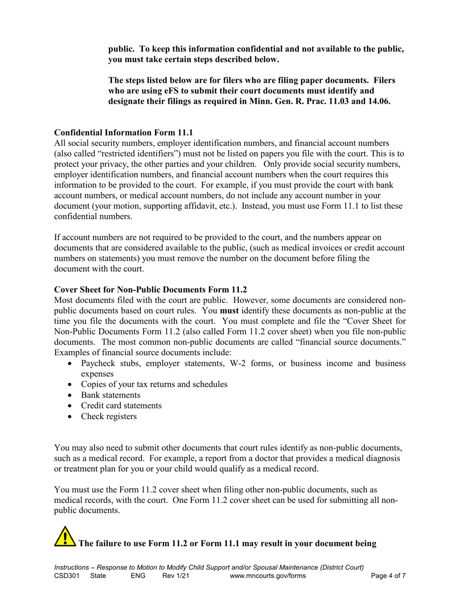 Form CSD301 Instructions for Response to Motion to Modify Child Support and / or Spousal Maintenance - Minnesota, Page 4