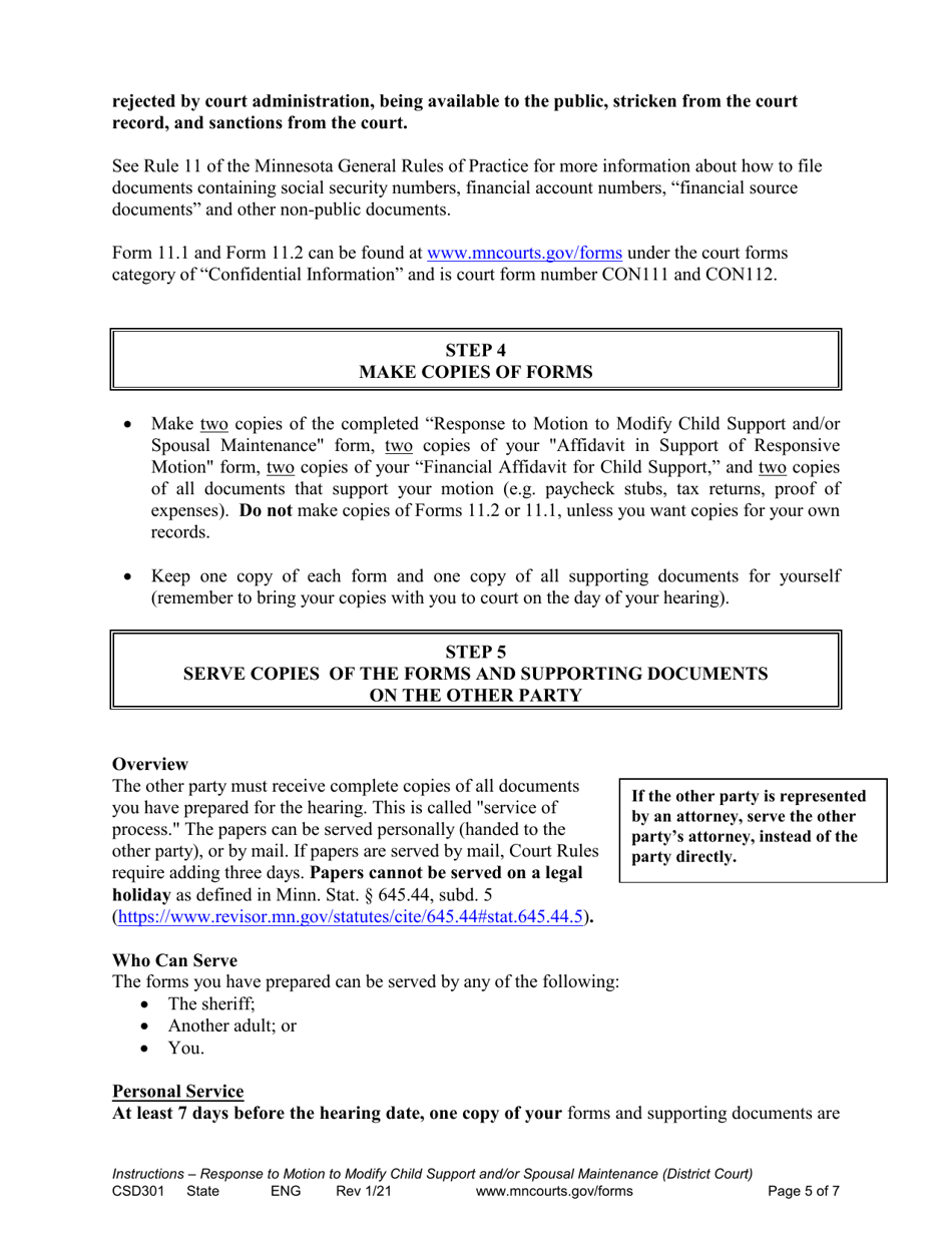 Form CSD301 Instructions for Response to Motion to Modify Child Support and / or Spousal Maintenance - Minnesota, Page 5