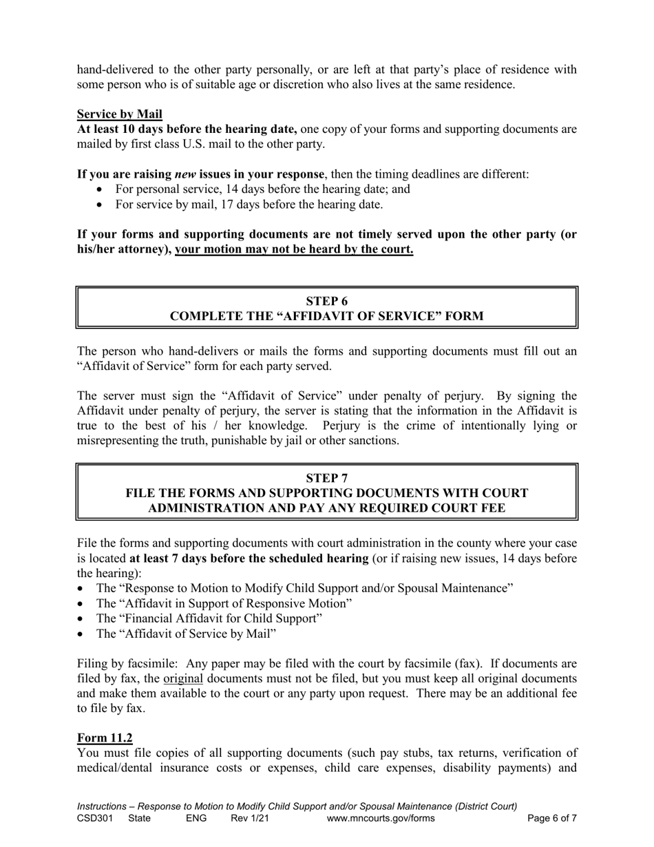 Form CSD301 Instructions for Response to Motion to Modify Child Support and / or Spousal Maintenance - Minnesota, Page 6