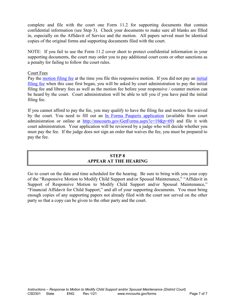 Form CSD301 Instructions for Response to Motion to Modify Child Support and / or Spousal Maintenance - Minnesota, Page 7
