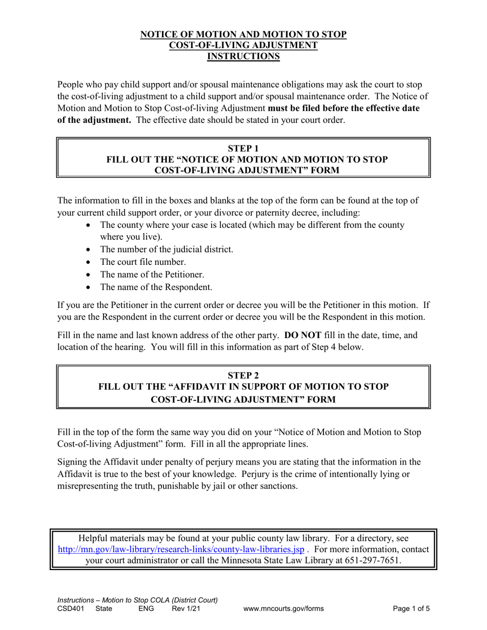 Form CSD401 Notice of Motion and Motion to Stop Cost-Of-Living Adjustment Instructions - Minnesota, Page 1