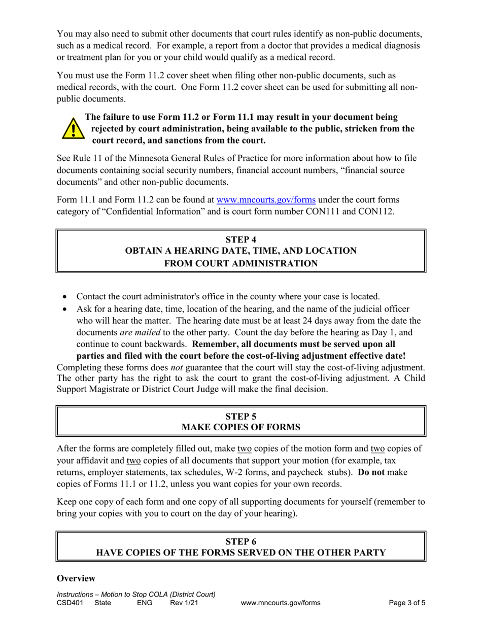 Form CSD401 Notice of Motion and Motion to Stop Cost-Of-Living Adjustment Instructions - Minnesota, Page 3