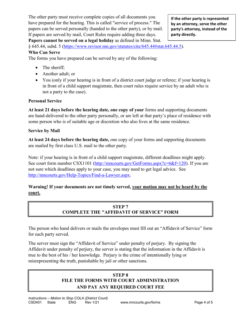 Form CSD401 Notice of Motion and Motion to Stop Cost-Of-Living Adjustment Instructions - Minnesota, Page 4
