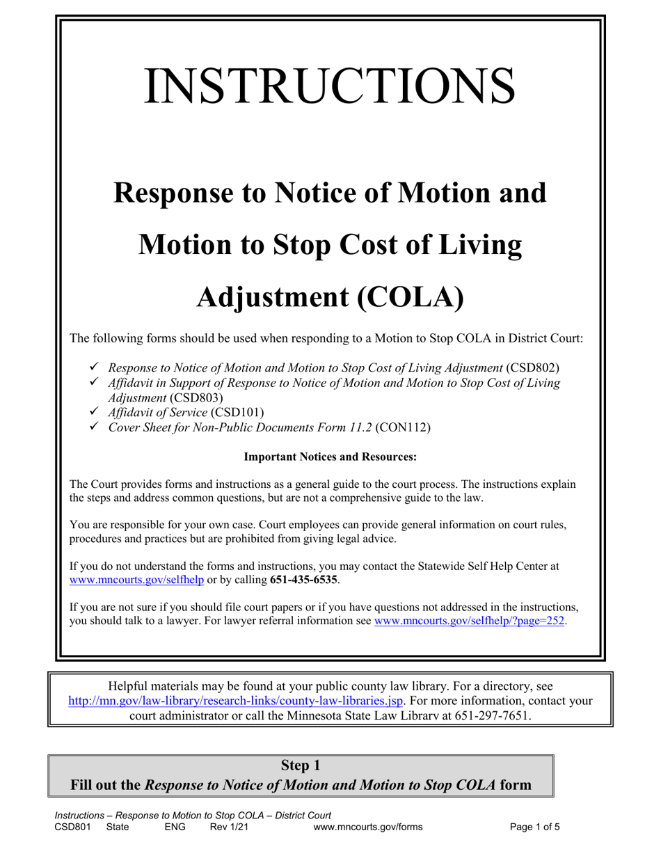 Form CSD801 Instructions for Response to Notice of Motion and Motion to Stop Cost of Living Adjustment (Cola) - Minnesota, Page 1