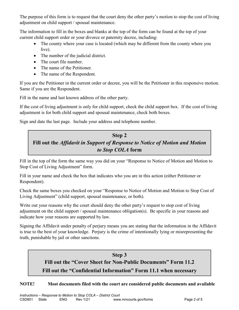 Form CSD801 Instructions for Response to Notice of Motion and Motion to Stop Cost of Living Adjustment (Cola) - Minnesota, Page 2