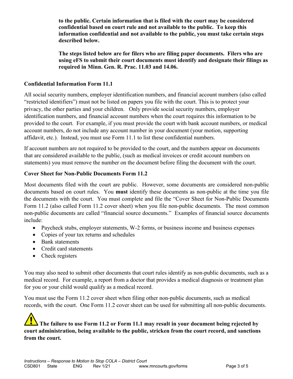 Form CSD801 Instructions for Response to Notice of Motion and Motion to Stop Cost of Living Adjustment (Cola) - Minnesota, Page 3