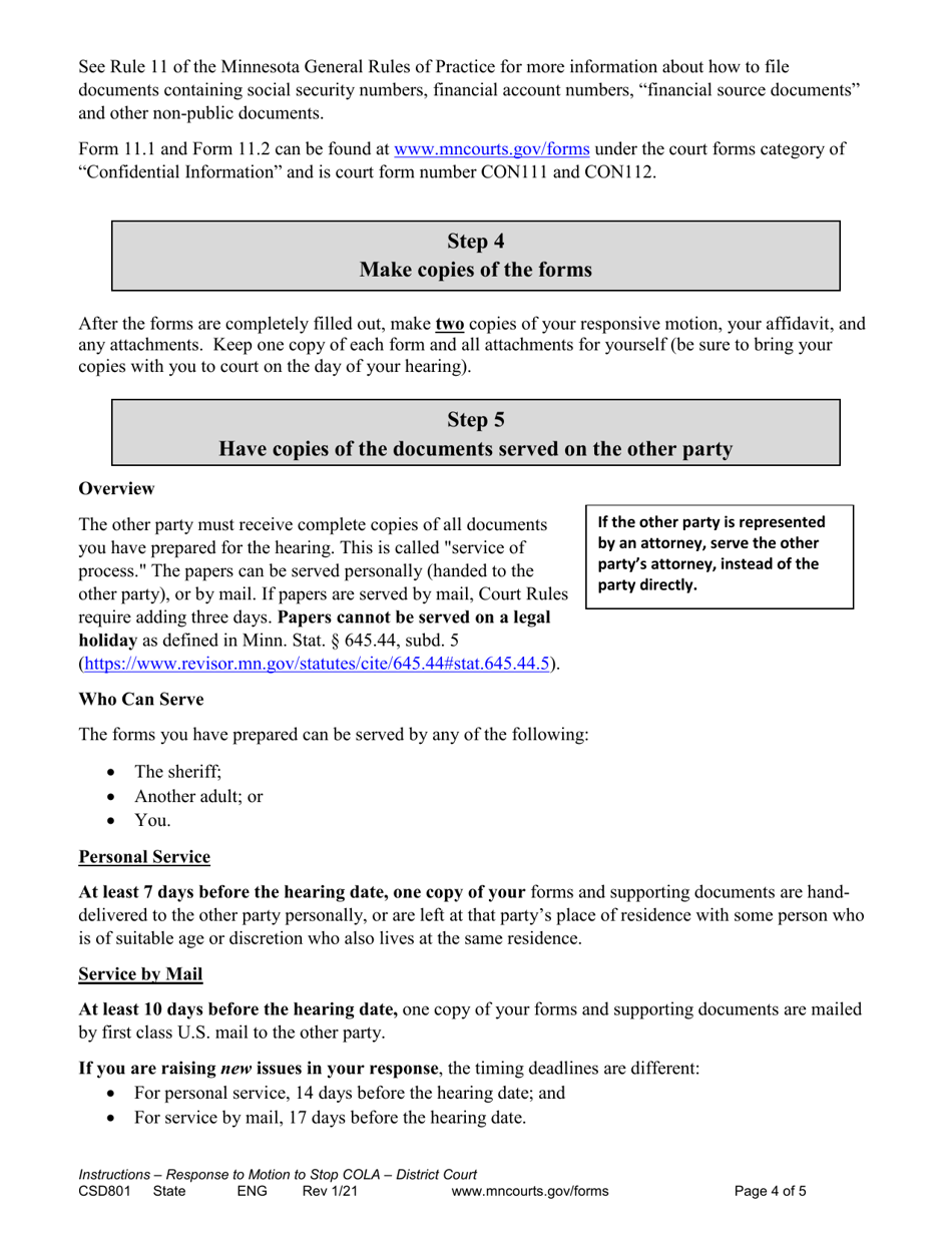 Form CSD801 Instructions for Response to Notice of Motion and Motion to Stop Cost of Living Adjustment (Cola) - Minnesota, Page 4