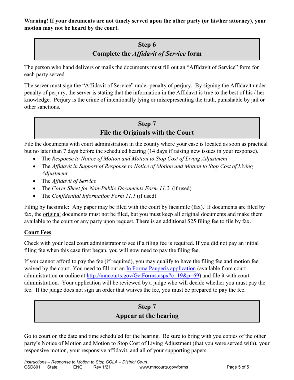 Form CSD801 Instructions for Response to Notice of Motion and Motion to Stop Cost of Living Adjustment (Cola) - Minnesota, Page 5