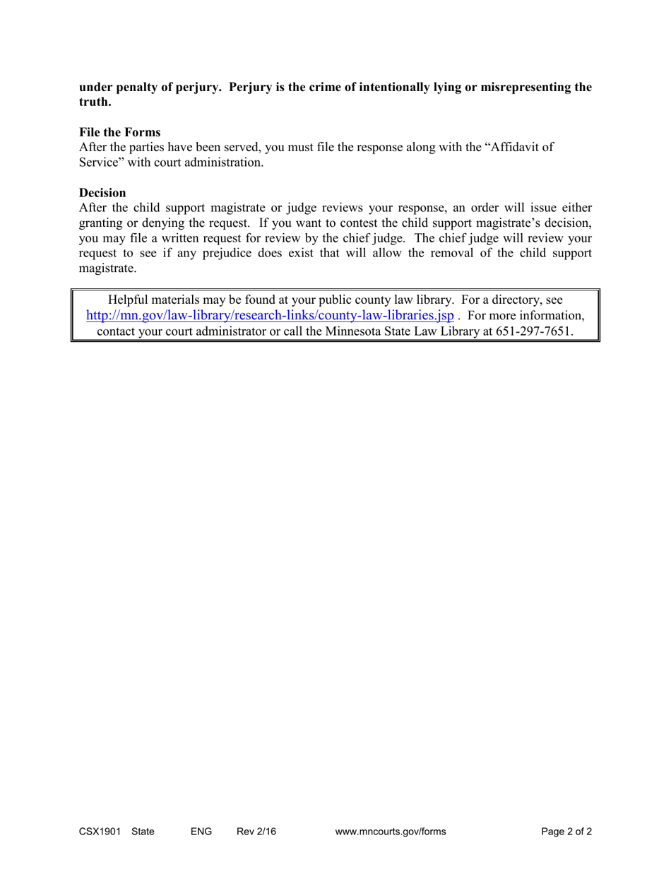Instructions for Form CSX1902 Response to Request to Remove Child Support Magistrate for Cause - Minnesota, Page 2