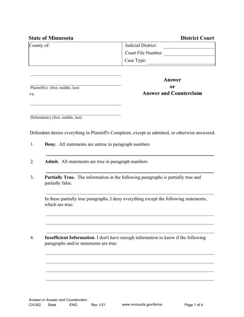 Form CIV302 Answer or Answer and Counterclaim - Minnesota