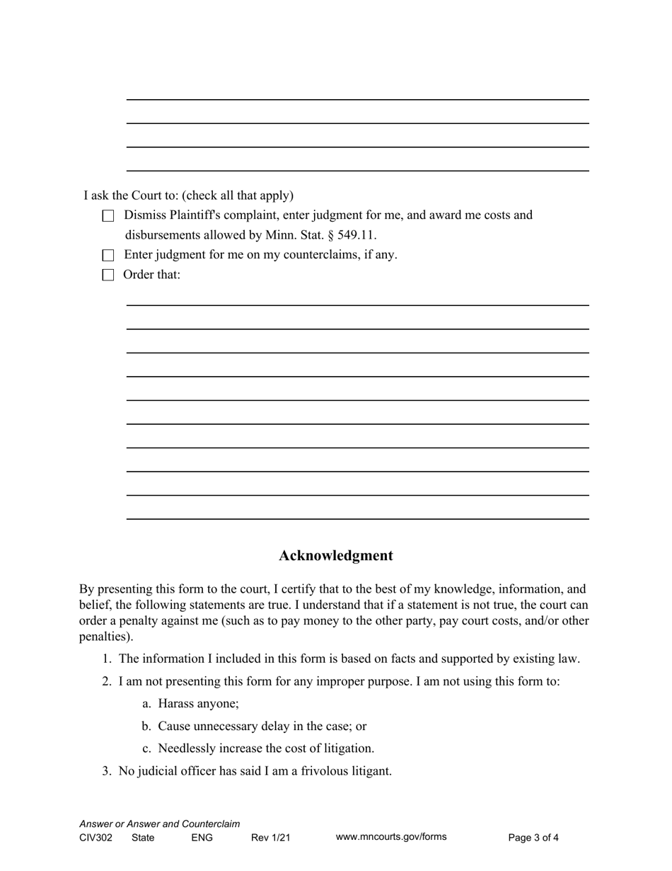 Form CIV302 Answer or Answer and Counterclaim - Minnesota, Page 3
