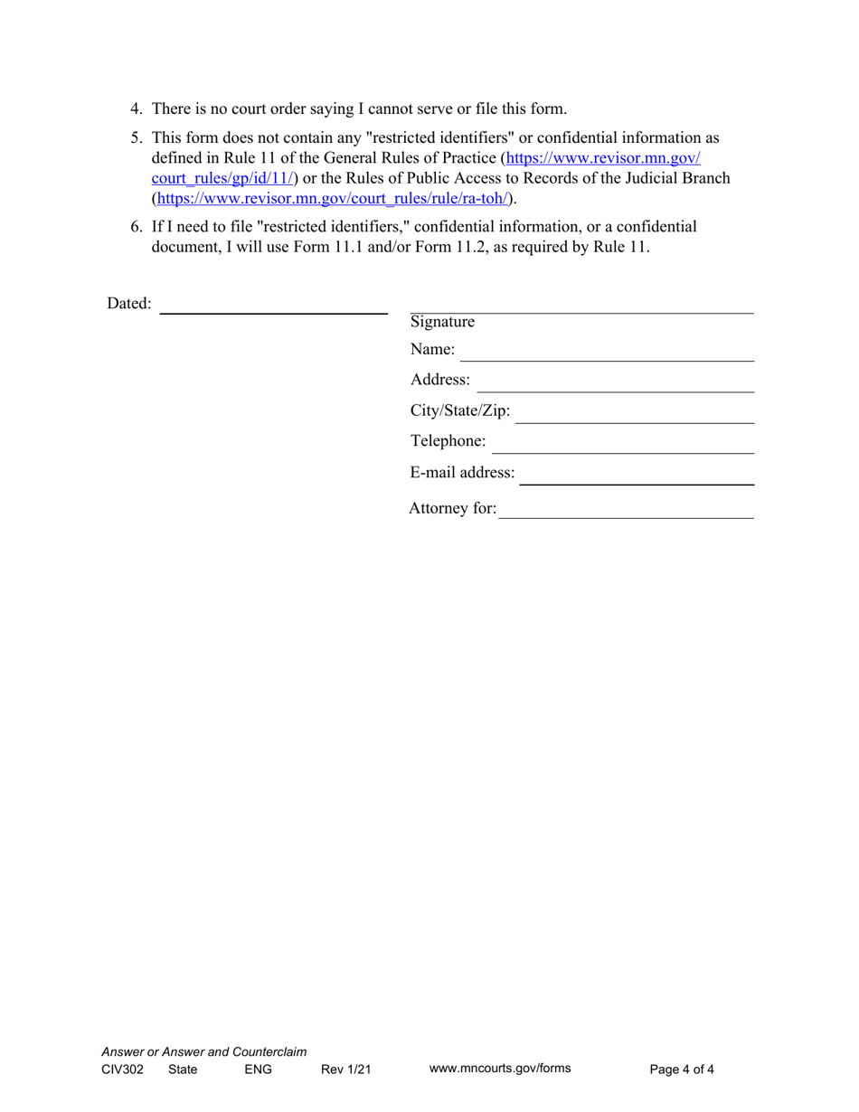 Form CIV302 Answer or Answer and Counterclaim - Minnesota, Page 4